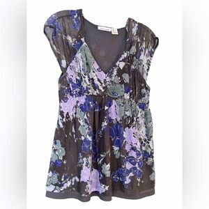 DKNY Purple Floral Y2K Babydoll Top Blouse Double Lined Size S Small